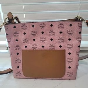 Authentic MCM Medium Klara Signature Visetos Logo Soft Pink Hobo Handbag